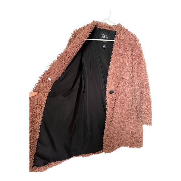 Zara Pink Shearling Fluffy Teddy Coat Jacket collarless one button size medium - Picture 9 of 15